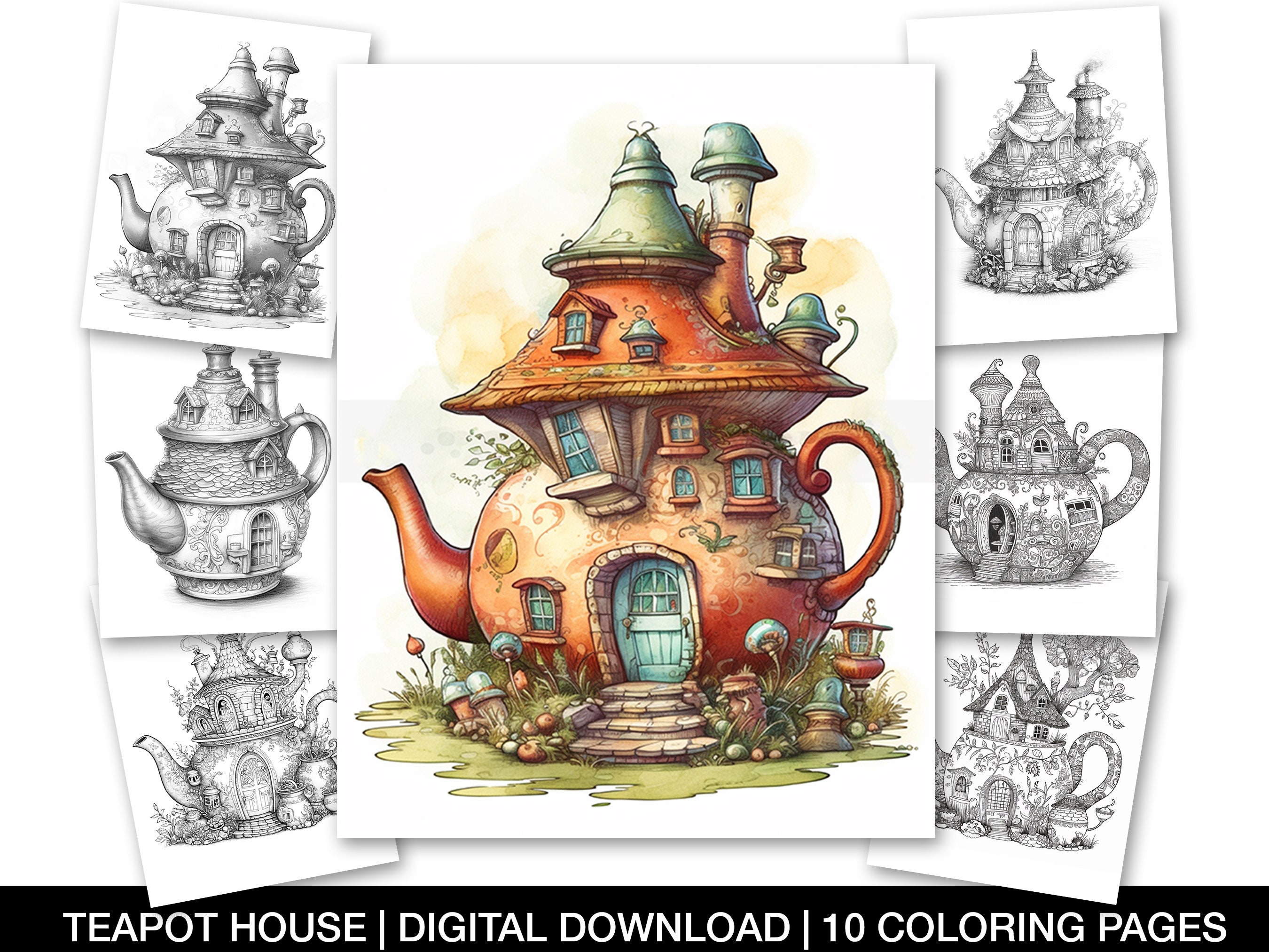 Teapot in Garden: Colouring Book for Adults with Flowers and Whimsical Teapot Houses for Stress Relief and Relaxation, Perfect for Anxiety