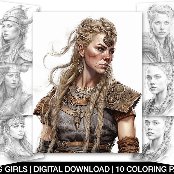 Coloring Pages For Adults, Printable Viking Girls Coloring Sheets, Grayscale Viking Warrior Women Portrait Coloring Page, Instant Download