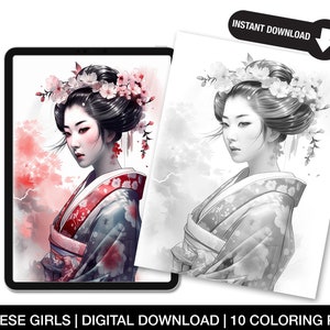 Japanese-Inspired Coloring Pages for Adults – Printable Grayscale Portraits – Zen & Traditional Art – Instant Download