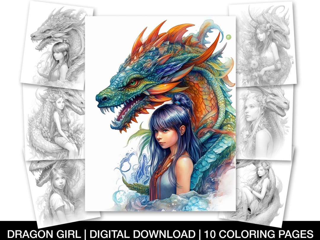 Enchanted Dragon Girls Coloring Page for Adults, Printable Dragon Girls