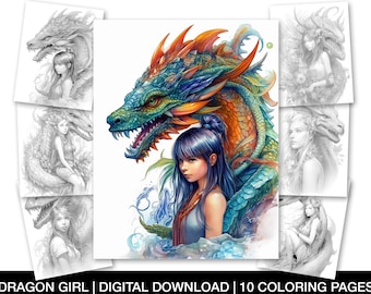 Enchanted Dragon Girls Coloriage Page Pour Adultes, Feuille imprimable Dragon Girls, Majestic Dragon Girls Grayscale Coloriage, Téléchargement immédiat