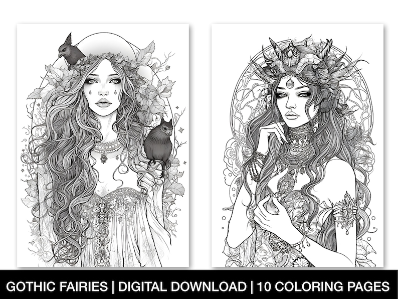 Gothic Fairy Coloring Pages for Adults Printable Fairy - Etsy