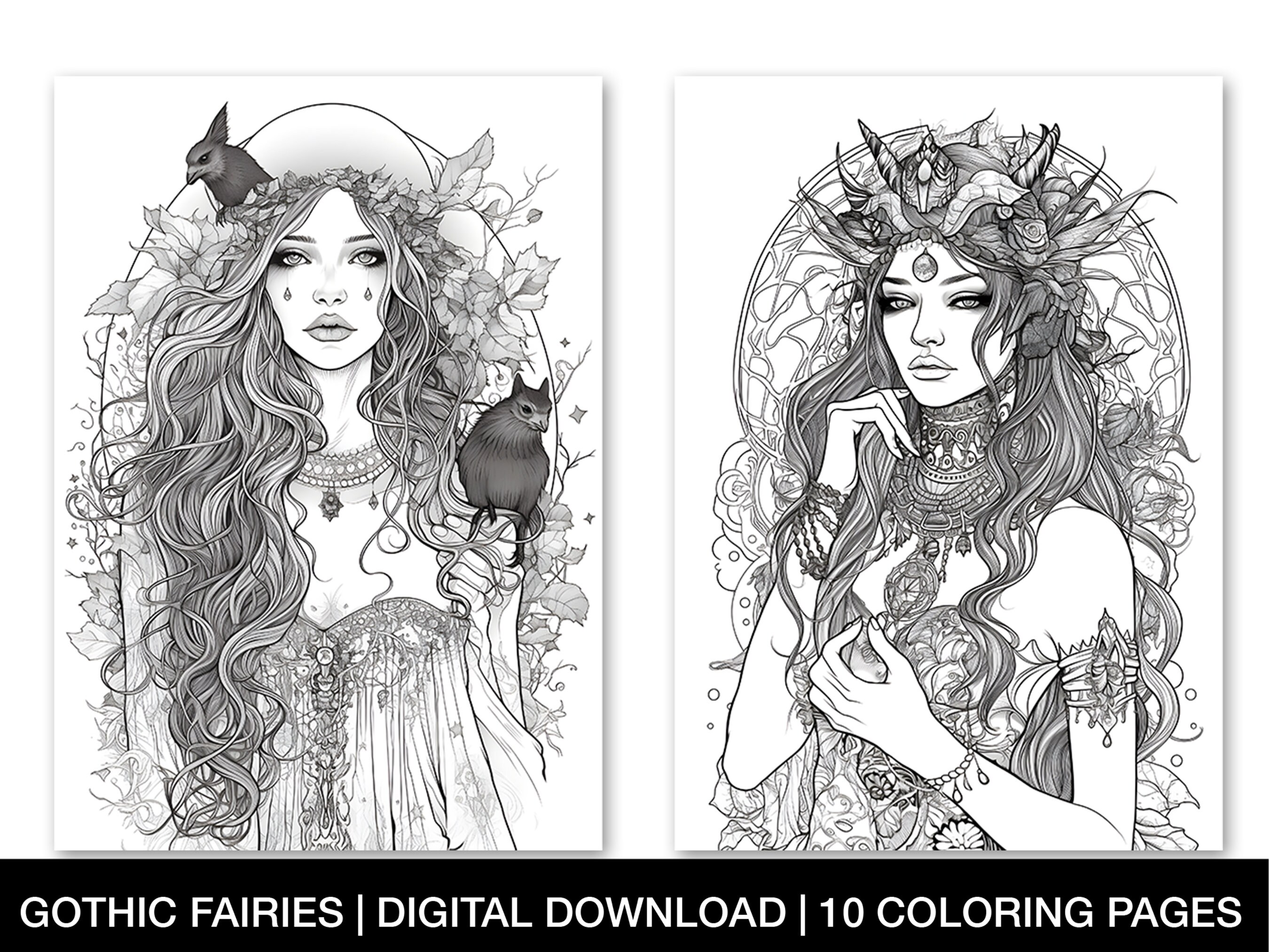 Gothic Fairy Coloring Pages for Adults Printable Fairy - Etsy