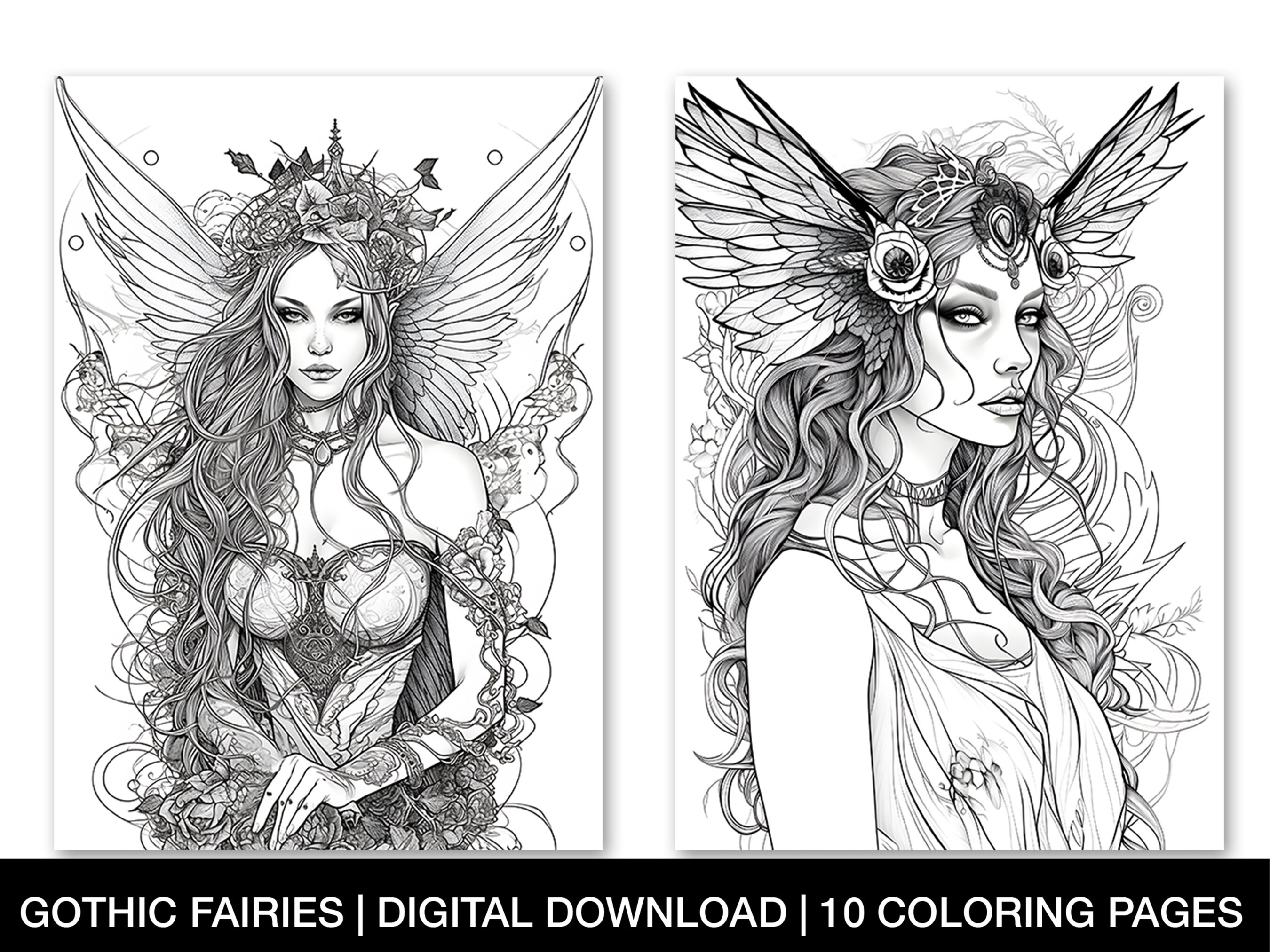 Gothic Fairy Coloring Pages for Adults Printable Fairy - Etsy