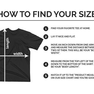 以下が含まれることがあります： サイズ測定のためのTシャツの測定方法を示す図。黒いTシャツは平らに置かれ、胸に引かれた白い線で「幅」を示し、襟の上から裾まで引かれた白い線で「長さ」を示しています。手順は5つに分けて記載されています。