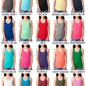 May include: A collection of women's tank tops in various colors, including dark grey, turquoise, black, and yellow. Each tank top has a scoop neck and is displayed with its color name below. The image showcases a range of hues, from light to dark.