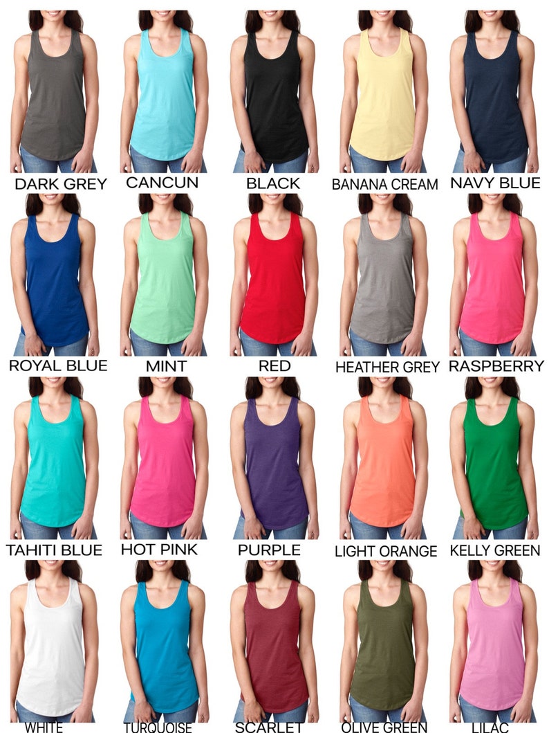 May include: A collection of women's tank tops in various colors, including dark grey, turquoise, black, and yellow. Each tank top has a scoop neck and is displayed with its color name below. The image showcases a range of hues, from light to dark.