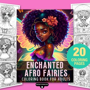 Enchanted Fairies Coloring Pages – Printable Afro Fairy Art for Adults – Black Girl Fantasy Coloring Sheets – Instant Digital Download