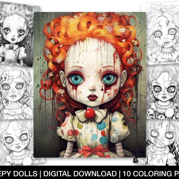Halloween Creepy Dolls Coloring Page For Adults, Printable Creepy Coloring Sheets, Halloween Coloring Pages, Instant Download Creepy Dolls