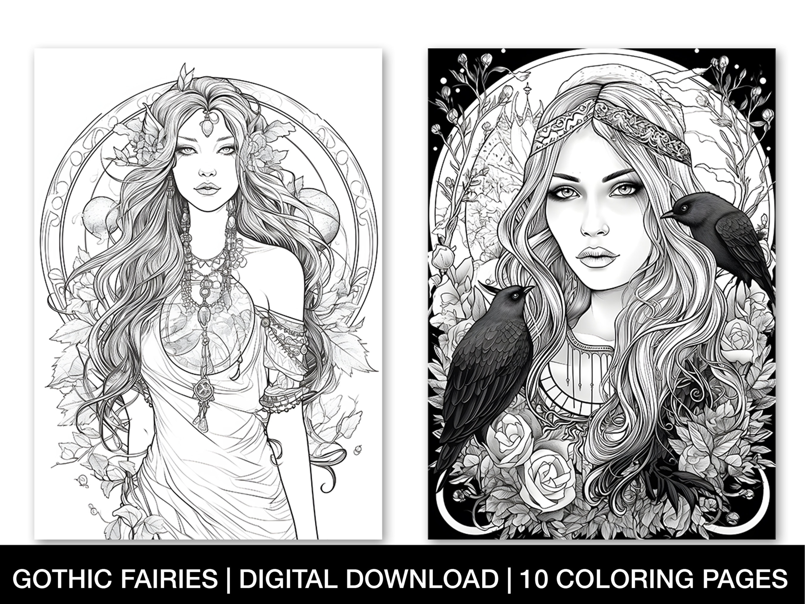 Gothic Fairy Coloring Pages for Adults Printable Fairy Etsy