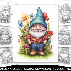 Cute Garden Gnomes Coloring Pages For Adults, Printable Magical Gnomes, 10 Grayscale Coloring Sheets, Enchanted Gnomes, Instant Download