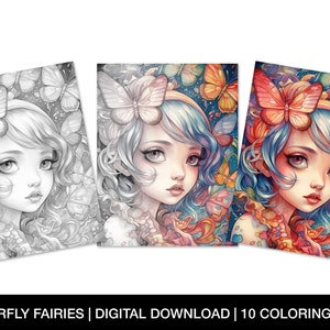 Butterfly Fairies Coloring Pages for Adults, Printable Grayscale Fairy ...