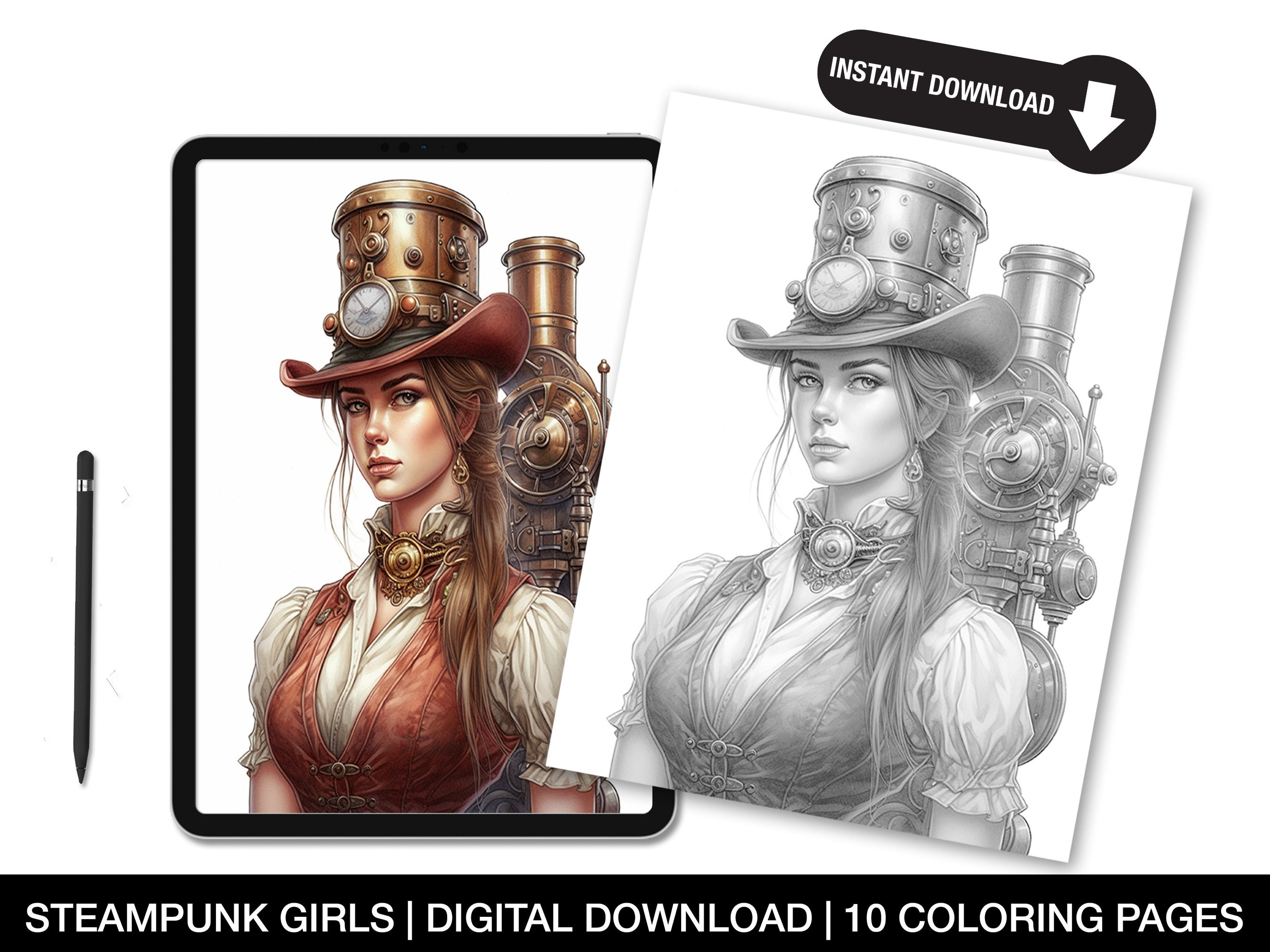 Steampunk Girls Coloring Pages for Adults Printable Steampunk - Etsy