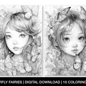 Butterfly Fairies Coloring Pages for Adults, Printable Grayscale Fairy ...