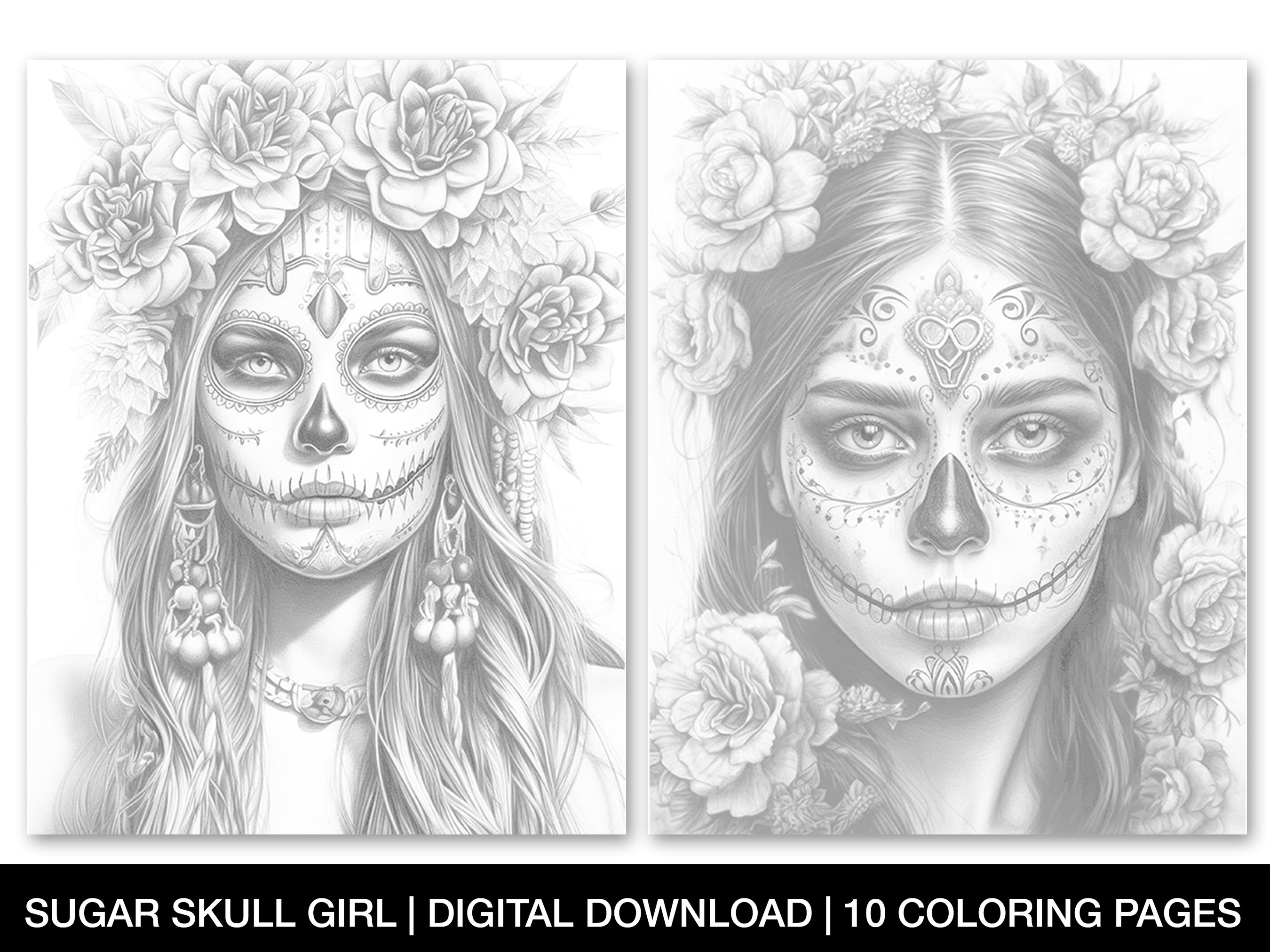 Girl Sugar Skull Coloring Book Adults Graphic by C - F - D · Creative  Fabrica