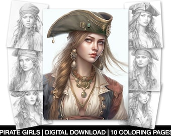 Pages de coloriage de femmes pirates pour adultes, feuilles de coloriage de pirate imprimables, page de coloriage de portrait en niveaux de gris, téléchargement instantané de filles pirates