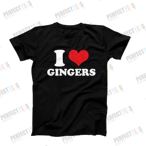 May include: Black t-shirt with a white "I love" graphic and a red heart. The text "Gingers" is written in white below the heart.