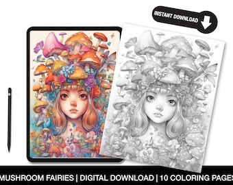 Mushroom Fairy Colouring Book – Printable Fantasy Colouring Pages for Teens & Adults – Whimsical Forest Magic – Instant Digital Download
