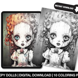 Gruselige Puppen Malseiten für Erwachsene - Malseiten zum Ausdrucken - Halloween gruselige Ausmalbilder - zum sofortigen Download