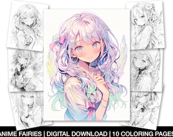 Pages de coloriage de fées anime pour adultes, imprimables feuilles de fées anime, coloriage de fée japonaise fantaisie en niveaux de gris, téléchargement immédiat