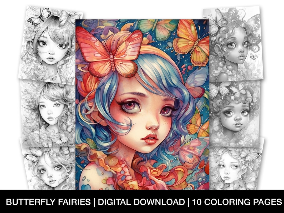 Butterfly Fairies Coloring Pages for Adults, Printable Grayscale Fairy ...