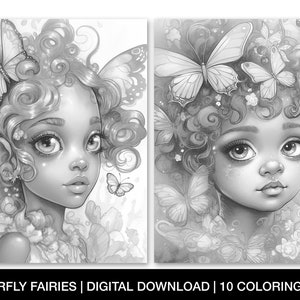 Butterfly Fairies Coloring Pages for Adults, Printable Grayscale Fairy ...