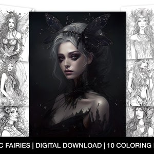 Gothic Fairy Coloring Pages For Adults, Printable Fairy Coloring Sheet, Grayscale Fairy Coloring Page, Gothic Fairies, Instant Download