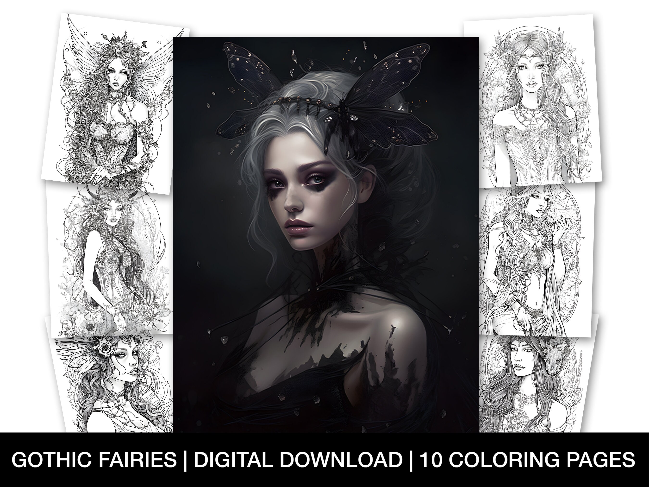 Gothic Fairy Coloring Pages for Adults Printable Fairy - Etsy