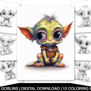 Cute Baby Goblins Coloring Pages for Adults - 10 Printable Grayscale Fantasy Coloring Sheets - Instant Download
