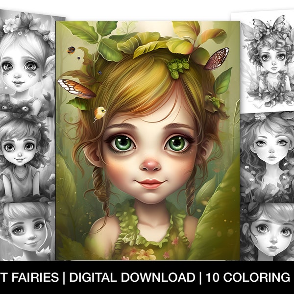 Forest Fairy Coloring Pages For Adults, Printable Forest Fairy, 10 Grayscale Fairy Coloring Page, Enchanted Forest Fairies, Instant Download