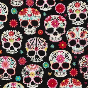 100% Cotton Fabric By The Yard Timeless Treasures Sugar Skulls Day of the Dead Halloween C4139 Black