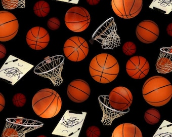 16 inches left! Quilting 100% Cotton Basketball Elizabeth&#39;s Studio Fabric 132-black