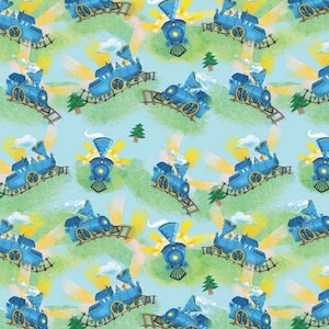 Könnte beinhalten: Ein sich wiederholendes Muster aus blauen Zeichentrickzügen auf Gleisen, mit gelben und weißen Lichtblitzen, grünen Bäumen und weißen Wolken auf hellblauem Hintergrund. Die Züge haben Rauch, der aus ihren Schornsteinen quillt.