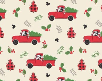 Mickey Rustic Holiday Fabric: 100% Cotton, Festive Christmas Print