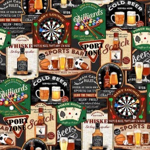 Cotton Fabric Yard: Man Cave Sports Bar Design - 35 Inches Left