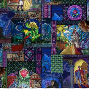 Disney Beauty and The Beast Stained Glass Cotton Fabric Sold By The Yard