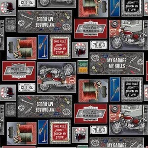Quilting Cotton Fabric: Tools and Chopper Print - Garage Style
