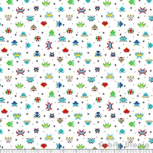 Space Invaders Cotton Fabric, Retro Arcade Style (White Multi)