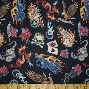 Biker Tattoo Cotton Fabric - Easy Rider Bold Print