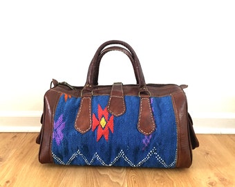 Moroccan Kilim Weekender Bag, Bohemian Duffle, Leather Travel Bag