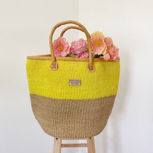 Sisal and leather tote bag, woven beach bag, sisal bag, yellow and tan sisal bag, beach tote, basket bag, beach basket, farmers market tote