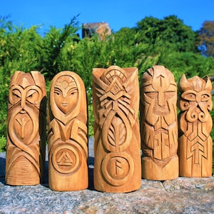 Set of viking statues, odin thor frigg statue, scandinavian gods, altar set, wood carving figurine, norse pagan