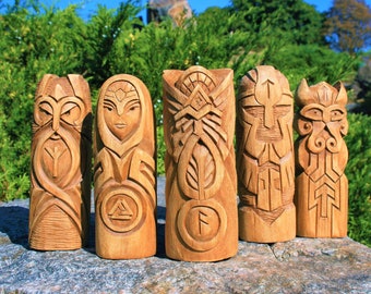 Set of viking statues, odin thor frigg statue, scandinavian gods, altar set, wood carving figurine, norse pagan
