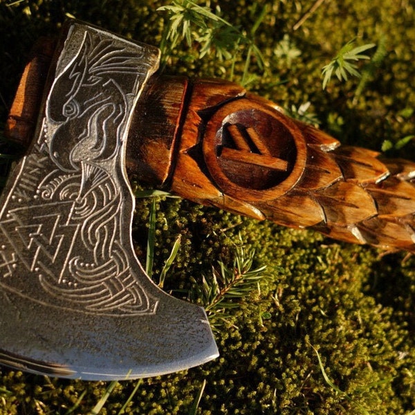 Norse ax with Eagle carvings, carved ax handle, viking ax, felling hatchet