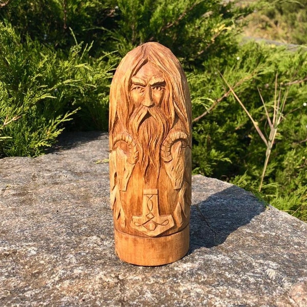 Thor statue, wooden scandinavian figurines, hand carved norse god, wood carving viking statue