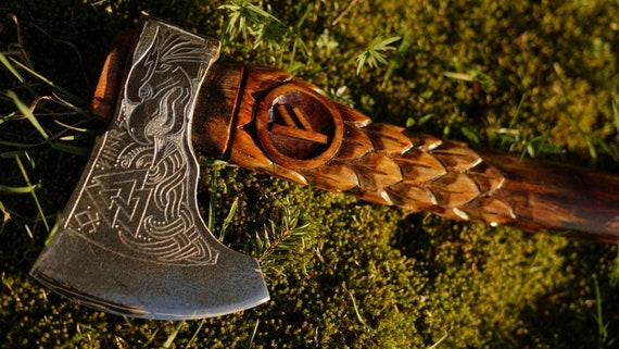 Norse axe with Eagle carvings carved axe handle viking axe