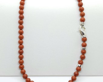 Red jasper necklace with silver lock and silver beads