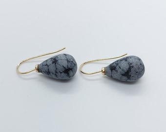 gold earrings with snowflake obsidian