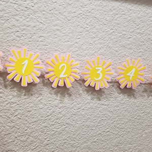 May include: A decorative banner featuring sun-shaped cutouts in yellow and pink. Each sun displays a number from 1 to 5 in white, with the word "nb" on the first sun. The banner is strung on a white string, perfect for a birthday.