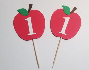 Set of 12 Pcs -Apple Cupcake Toppers, Apple Theme, Apple Birthday Party 6" OR 8" Skewer/Stir Stick, Donut Holes